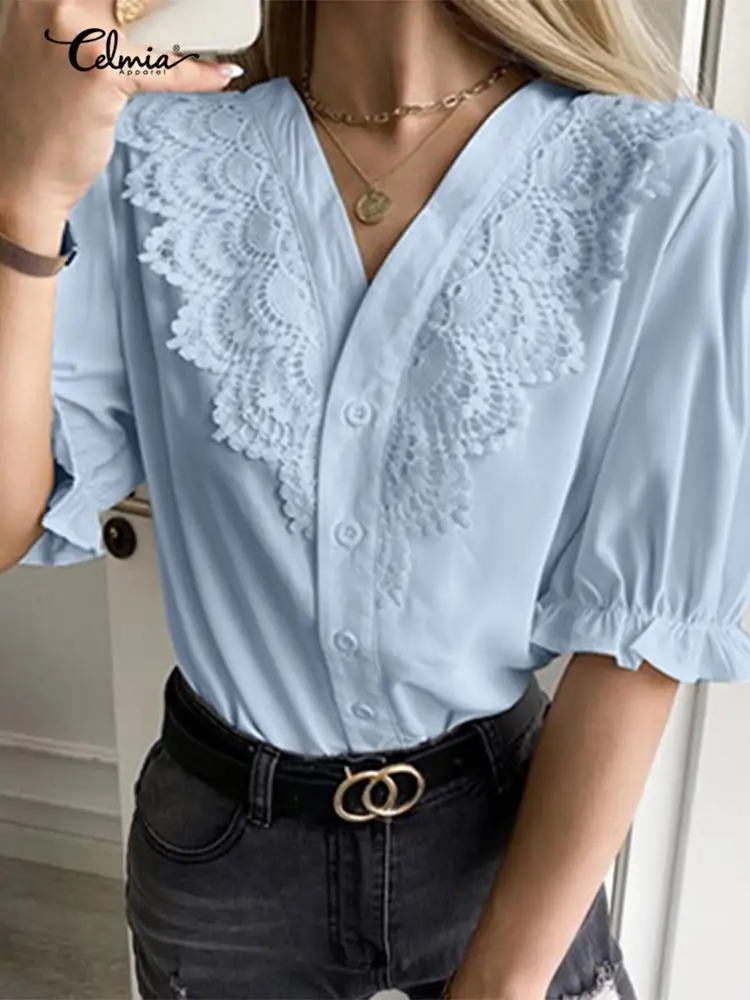Celmia Lace Stitching Summer Chemise Short Puff Sleeve Workplace Solid Color V Neck Shirts Women Elegant Causal Fashion Blouses
Celmia Lace Stitching Summer Chemise Short Puff Sleeve Workplace Solid Color V Neck Shirts Women Elegant Causal Fashion Blouses