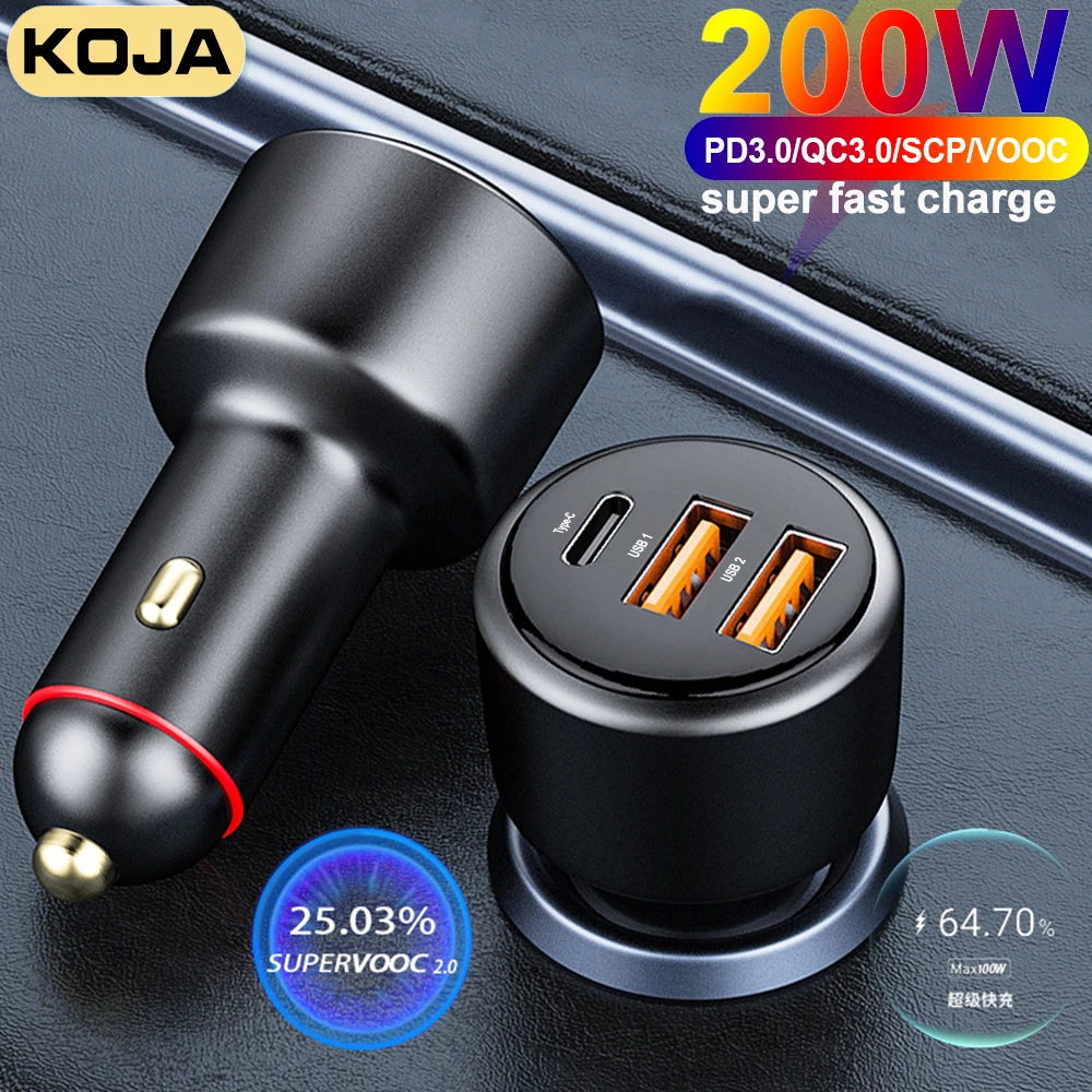 

USB Car Charger 200W 125W Super Fast Charger 100W 65W PD Type-C Quick Charge3.0 For HUAWEI OPPO VOOC IPhone Xiaomi Mobile Phone