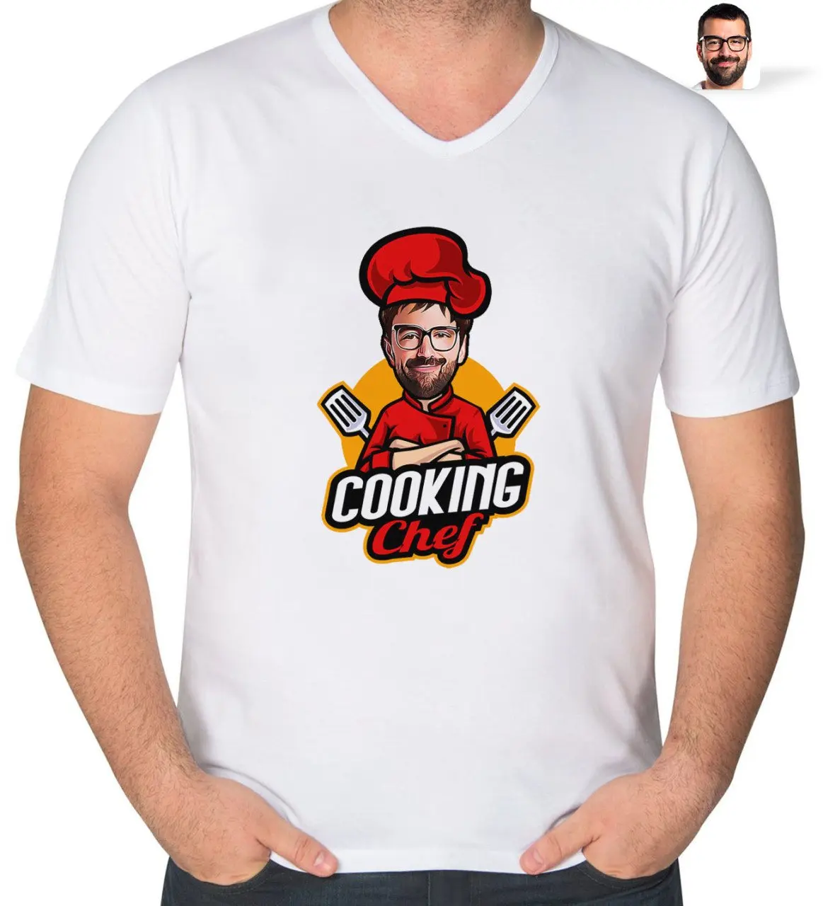 Персонализированная Мужская карикатура шеф-повара, V-образный ошейник 
Персонализированная Мужская карикатура шеф-повара, V-образный ошейник