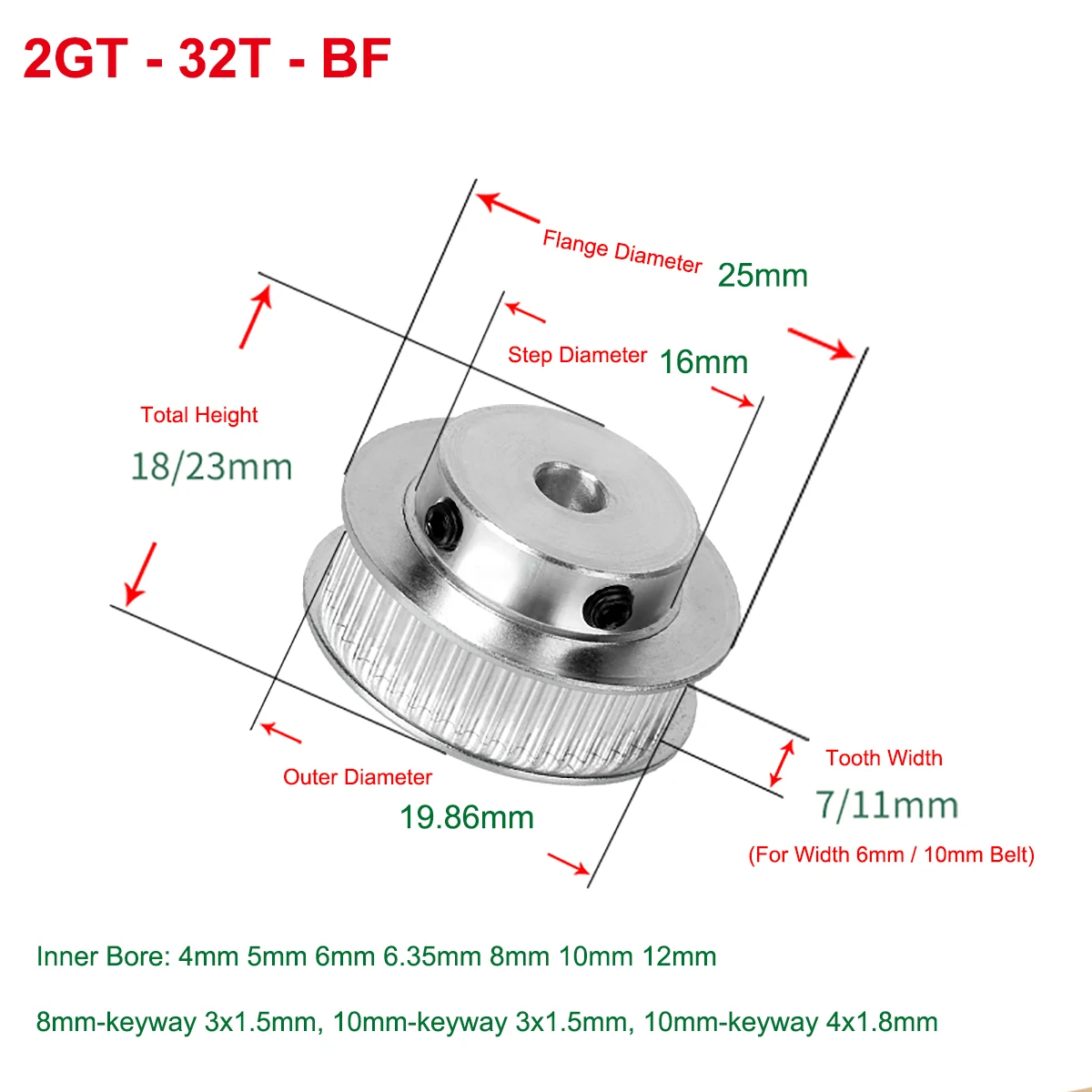 32 Teeth 2GT Synchronous Timing Pulley Bore 4/5/6/6.35/8/10/12mm For Width 6mm/10mm BF keyway GT2 Timing Belts 3D Printer Parts
32 Teeth 2GT Synchronous Timing Pulley Bore 4/5/6/6.35/8/10/12mm For Width 6mm/10mm BF keyway GT2 Timing Belts 3D Printer Parts