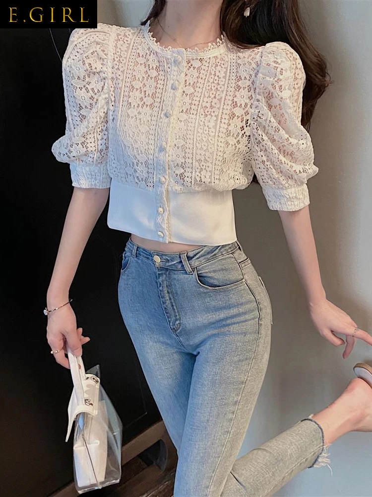 Sweet Crochet Top Blouse Women Sexy Hollow Out Shirt Vintage Puff Sleeve Korean Women Shirts Fashion Chic Tops Blusas
Sweet Crochet Top Blouse Women Sexy Hollow Out Shirt Vintage Puff Sleeve Korean Women Shirts Fashion Chic Tops Blusas