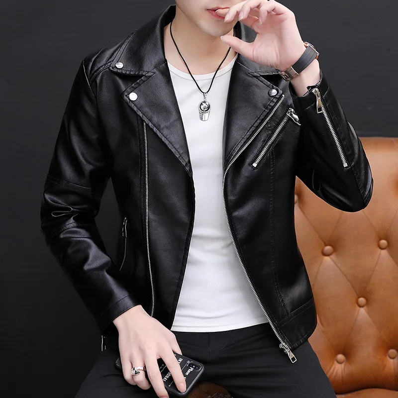 2023 Men's Personality Rivets Oblique Zipper Leather Jacket Youth Slim Motorcycle Leather Jacket
2023 Men's Personality Rivets Oblique Zipper Leather Jacket Youth Slim Motorcycle Leather Jacket