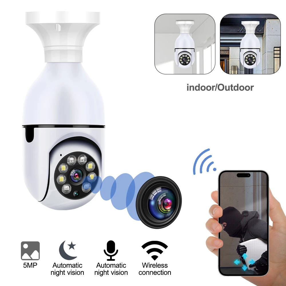 5MP E27 Bulb Wifi Surveillance Camera 2.4G Outdoor 4X Digital Zoom AI Human Detect H.265 P2P Audio Baby Monitor Wireless Camera
5MP E27 Bulb Wifi Surveillance Camera 2.4G Outdoor 4X Digital Zoom AI Human Detect H.265 P2P Audio Baby Monitor Wireless Camera