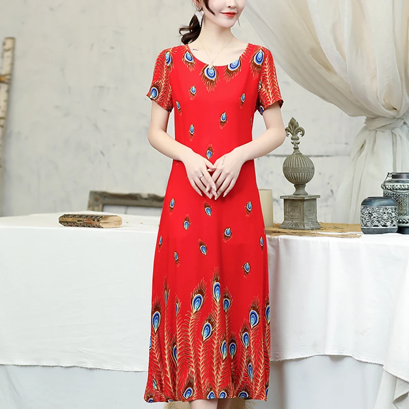 

New 2023 Summer Dresses For Women Vintage O-neck Plus Size Casual Long Print Flower Dress Boho Beach Dress