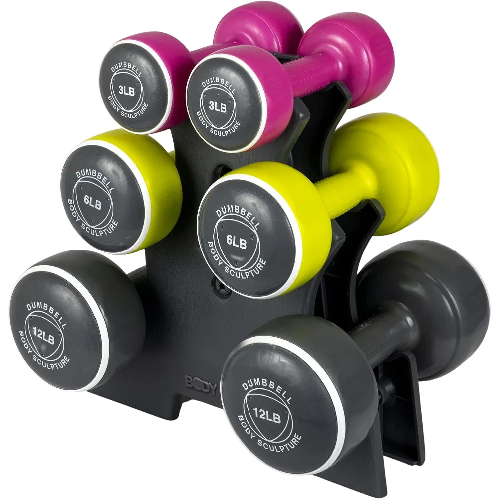 

Body Sculpture Neoprene-Coated Free‑Weight Dumbbell Set with Rack Set includes 3, 6 and 12 lb weights ideal for men and women