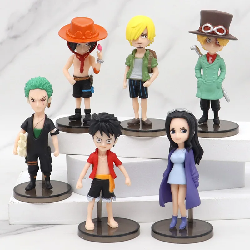 

6Pcs One Piece Anime Figurine Luffy Ace Zoro Sanji Statue Doll Q Version Kawaii PVC Cartoon Model Toys Collectible Kids Gifts