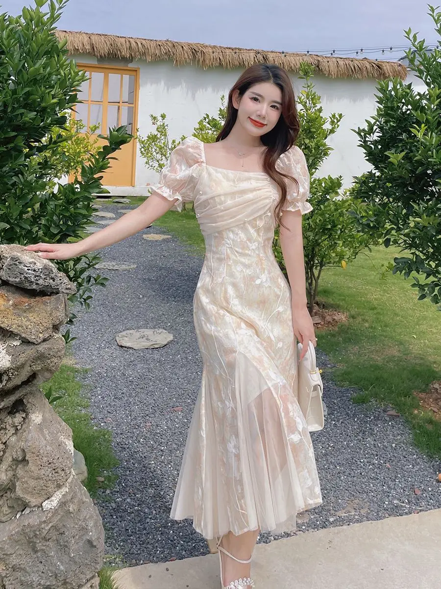

Женское шифоновое платье с цветочной вышивкой, элегантное асимметричное длинное платье с вышивкой, повседневное корейское сказочное платье с квадратным вырезом, лето 2023