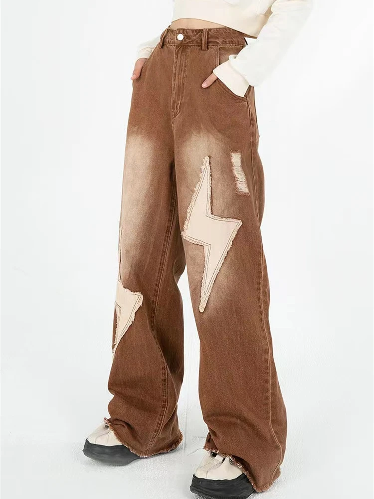 Джинсы женские с молнией и заплатками, повседневные Прямые брюки из денима с высокой талией, в уличном стиле, коричневые, весна
Джинсы женские с молнией и заплатками, повседневные Прямые брюки из денима с высокой талией, в уличном стиле, коричневые, весна