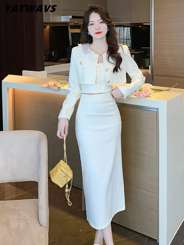 Women Korean Elegant Three Piece Set Autumn Long Sleeve Short Jacket Coat + Vest + Long Split Skirt Sets Ladies Fashion Suits
Women Korean Elegant Three Piece Set Autumn Long Sleeve Short Jacket Coat + Vest + Long Split Skirt Sets Ladies Fashion Suits