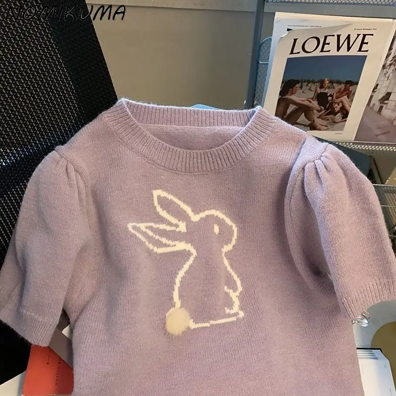 Nomikuma Sweet Short Knitted Tops Korean Chic Cartoon Women Sweaters 2022 Spring Summer New Puff Sleeve O-neck Pullover Knitwear 
Nomikuma Sweet Short Knitted Tops Korean Chic Cartoon Women Sweaters 2022 Spring Summer New Puff Sleeve O-neck Pullover Knitwear