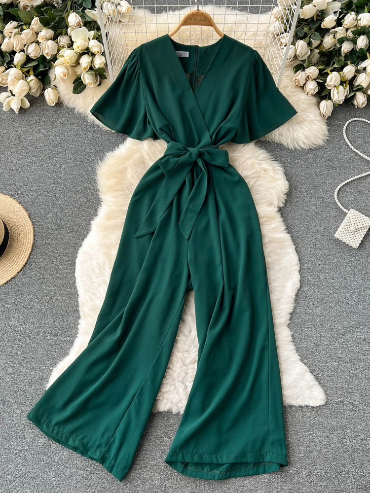Hikigawa Chic Fashion Jumpsuit Women Solid Elegant V Neck Short Sleeve Tied Slim Waist Wide Leg Pants Vintage Streetwear Mujer
Hikigawa Chic Fashion Jumpsuit Women Solid Elegant V Neck Short Sleeve Tied Slim Waist Wide Leg Pants Vintage Streetwear Mujer
