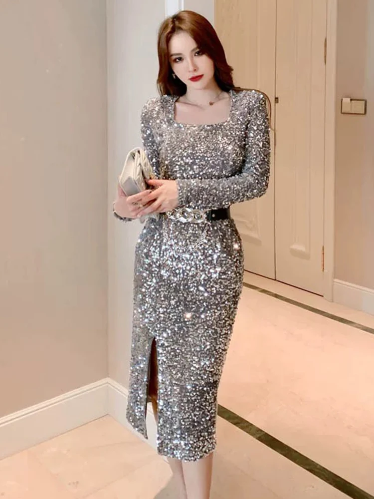 Модное роскошное женское вечернее платье миди с блестками и квадратным вырезом 
Модное роскошное женское вечернее платье миди с блестками и квадратным вырезом