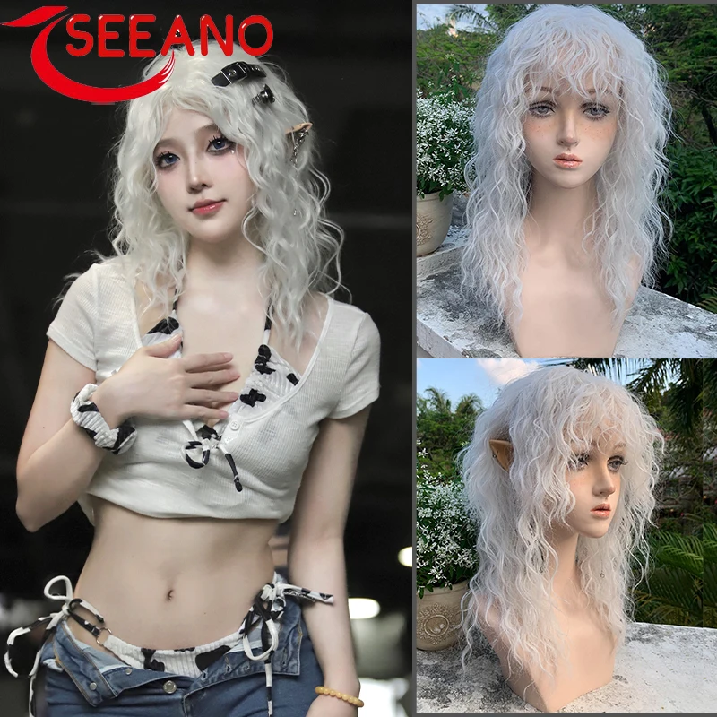 

SEEANO Synthetic Long Curly Cosplay Wig With Bang Red Light Blonde Pink Cute Lolita Wig Women Halloween Cosplay Wig Female