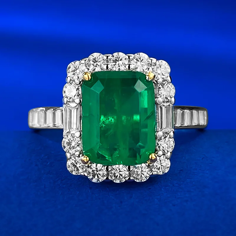 

New S925 silver imitation Emerald 2-carat group full diamond ring for women 7 * 9 European and American fashion
