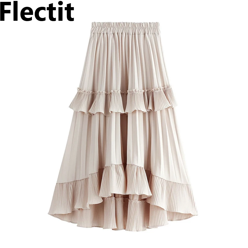 

Flectit Tiered Ruffled Pleated Skirt Women Plain Elastic Waist Asymmetrical Midi Skirt Spring Summer High Street Chic Outfit