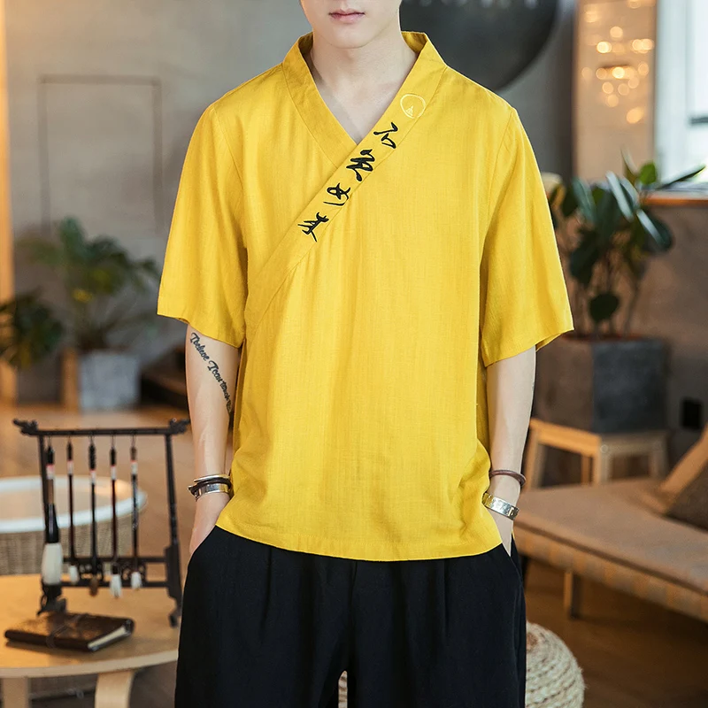 Рубашка в китайском стиле для отдыха, льняная свободная футболка в античном стиле с V-образным вырезом и коротким рукавом, лето 2023 
Рубашка в китайском стиле для отдыха, льняная свободная футболка в античном стиле с V-образным вырезом и коротким рукавом, лето 2023