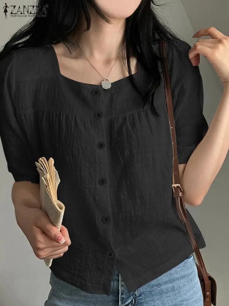 

Модная блузка ZANZEA на пуговицах с квадратным воротником, Женские однотонные текстурные топы, праздничная укороченная туника с коротким рукавом-фонариком, Повседневная Свободная рубашка 2023
