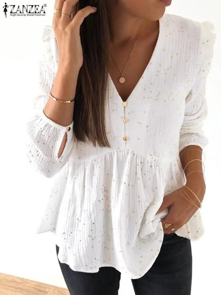 

ZANZEA Fashion OL Tops Tunic Women Elegant Spring Blouse Printed V Neck Long Sleeve Shirt Casual A Line Blusa Chemise Oversized