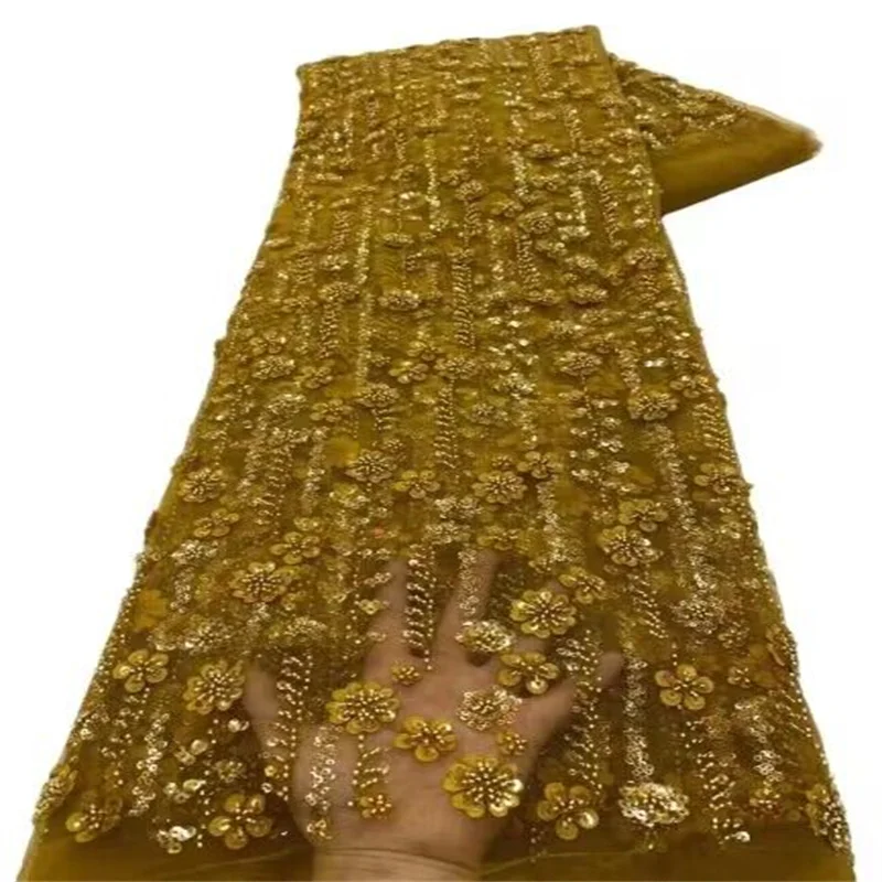 

Африканское Сетчатое кружево для жениха с бусинами, Золотое высококачественное кружево с блестками, французское Тюлевое кружево, 5 ярдов, нигерийская кружевная ткань для свадебного платья