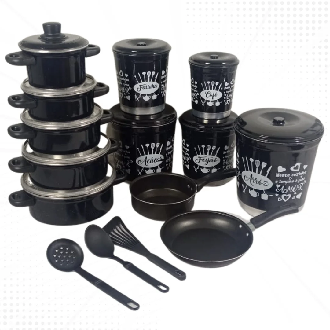 5 Pcs Cookware + Mints + Frying pans + Black Cutlery 
5 Pcs Cookware + Mints + Frying pans + Black Cutlery