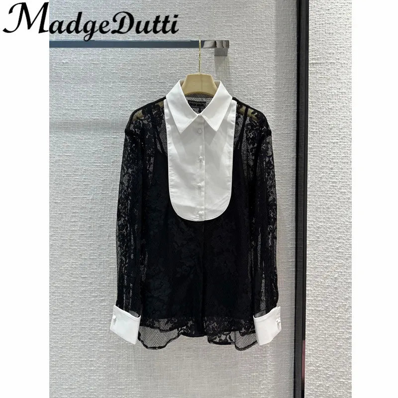 

12.14 MadgeDutti Contrast Color Jacquard Spliced Transparent Lace Elegant Temperament Shirt Women