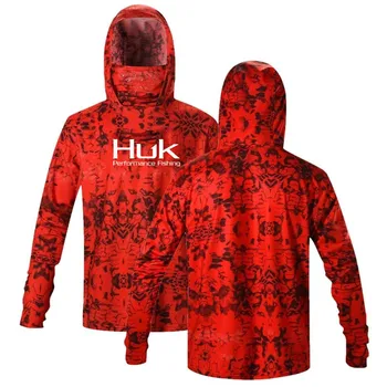 HUK Fishing Shirts UPF 50  Face Mask Long Sleeve Jerseys Summer Sun Protection T-Shirts Mens Hooded Face Cover Fishing Clothes