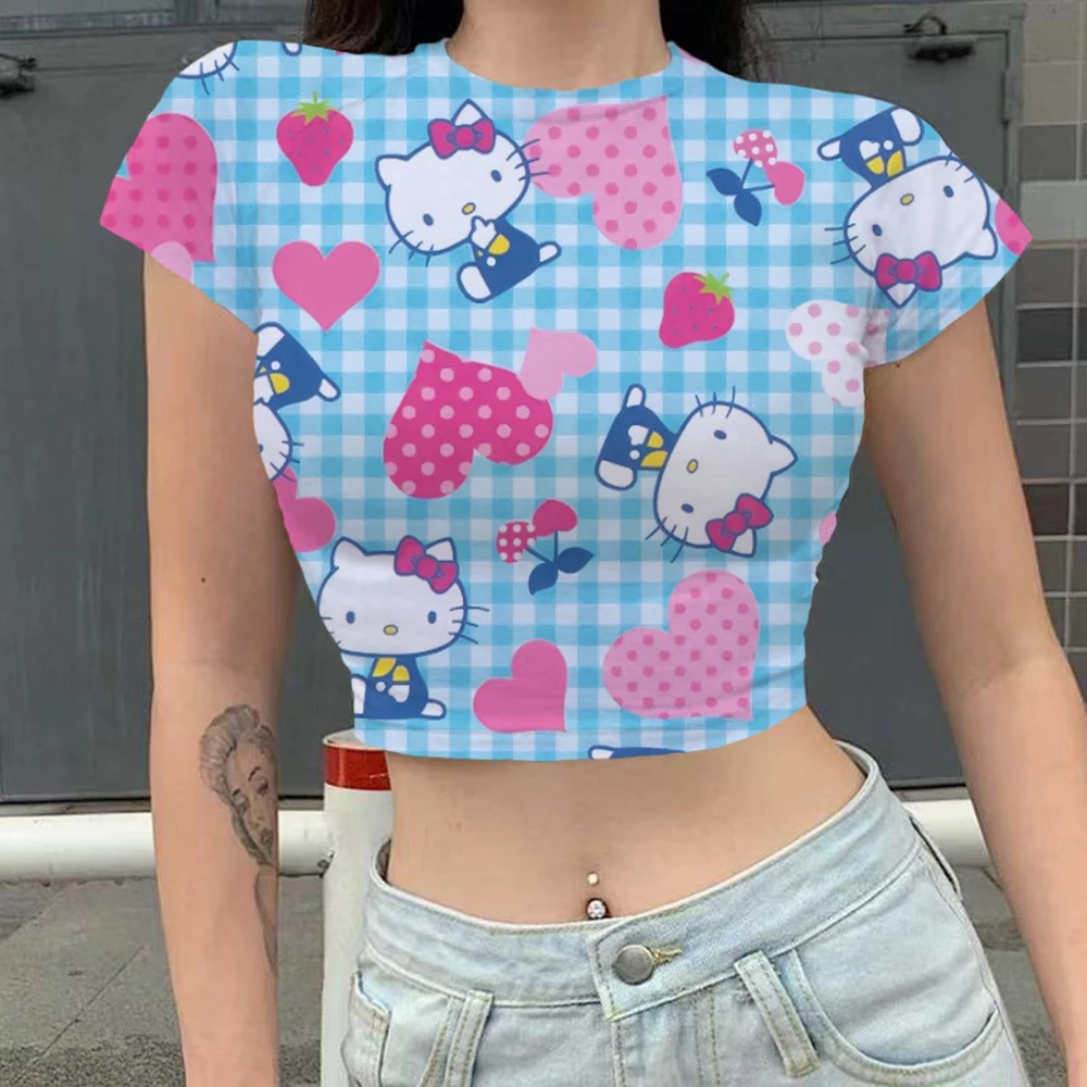 Модный топ с круглым вырезом, укороченные топы HELLO KITTY, женская летняя футболка, повседневная майка, женская футболка с коротким рукавом, футболка для девушек 
Модный топ с круглым вырезом, укороченные топы HELLO KITTY, женская летняя футболка, повседневная майка, женская футболка с коротким рукавом, футболка для девушек