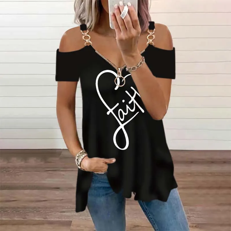 Women's Top Zipper V Neck Off Shoulder Short Sleeve Shirt Sexy Summer Casual T Shirt Fashion Loose Large Size Pullover SlingTops
Women's Top Zipper V Neck Off Shoulder Short Sleeve Shirt Sexy Summer Casual T Shirt Fashion Loose Large Size Pullover SlingTops