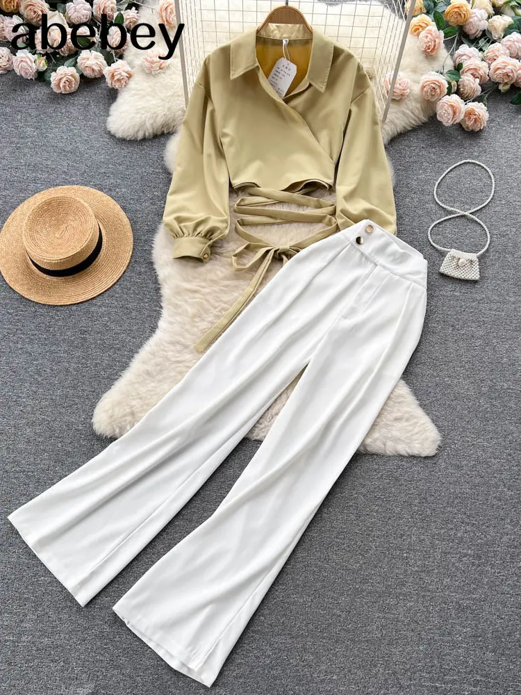 

2023 Fashion Two Pieces Suits Short Sleeves Blouse+Wide Legs Pants Solid Women Senior Spring Casual Sets