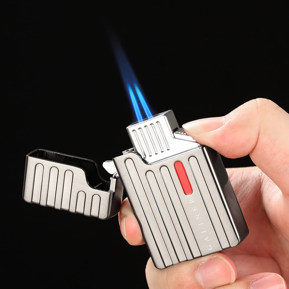 

GALINER Zinc Alloy Cigar Lighter 2 Jet Torch Blue Fire Lighters For Cigarette With Hidden Cigar Drill Smoking Tools Gift Box