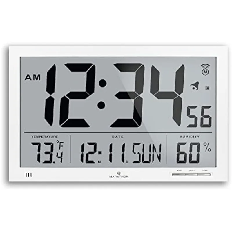 

MARATHON Slim Jumbo Atomic Wall Clock, White - Large, 15-Inch Display - Alarm, AM/PM or 24-Hour Time, Four Time Zones