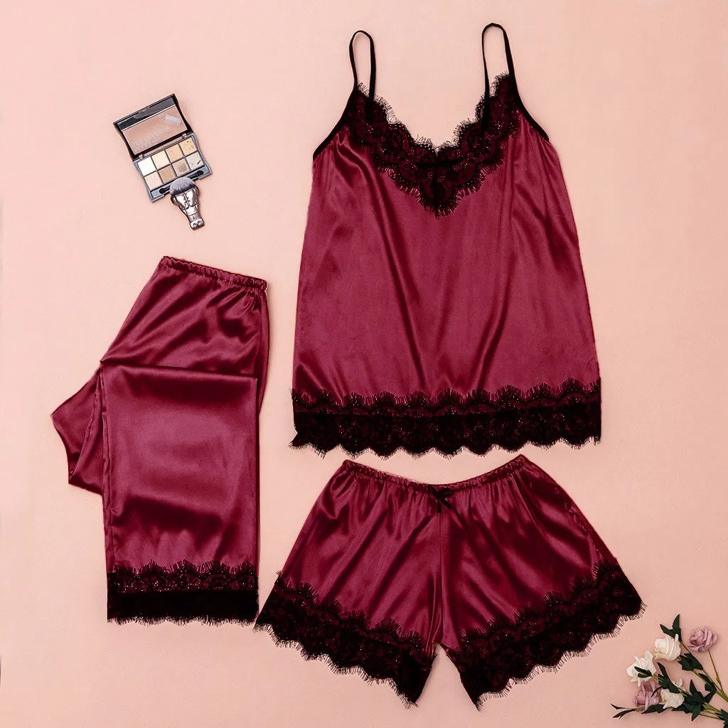 3pcs Sleeveless Cute Satin Pajama Set Sexy Cami Top Shorts Black Lace V-Neck Pyjamas Sexy Lingerie Women's Sleepwear Homewear
3pcs Sleeveless Cute Satin Pajama Set Sexy Cami Top Shorts Black Lace V-Neck Pyjamas Sexy Lingerie Women's Sleepwear Homewear