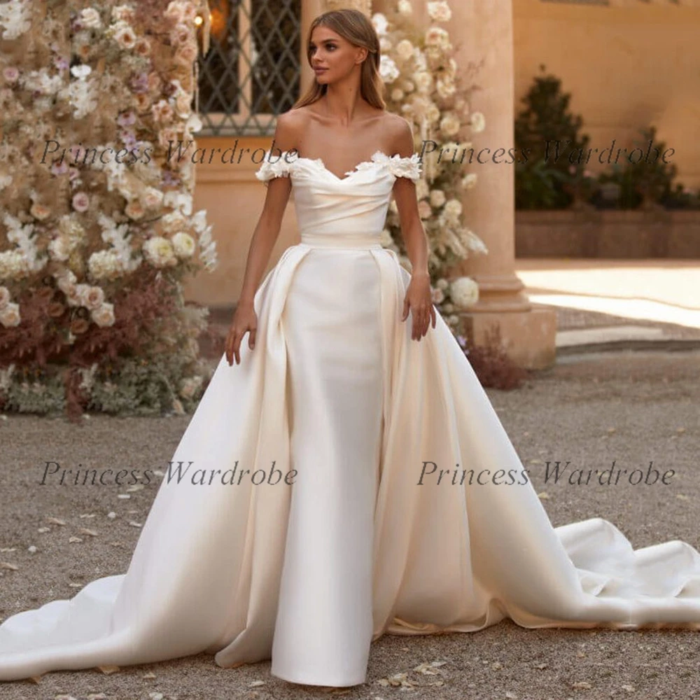 

Robe De Mariée Ivory Satin Wedding Dress For Brides 3D Flower Off Shoulder Mermaid Bridal Gowns With Detachable Train