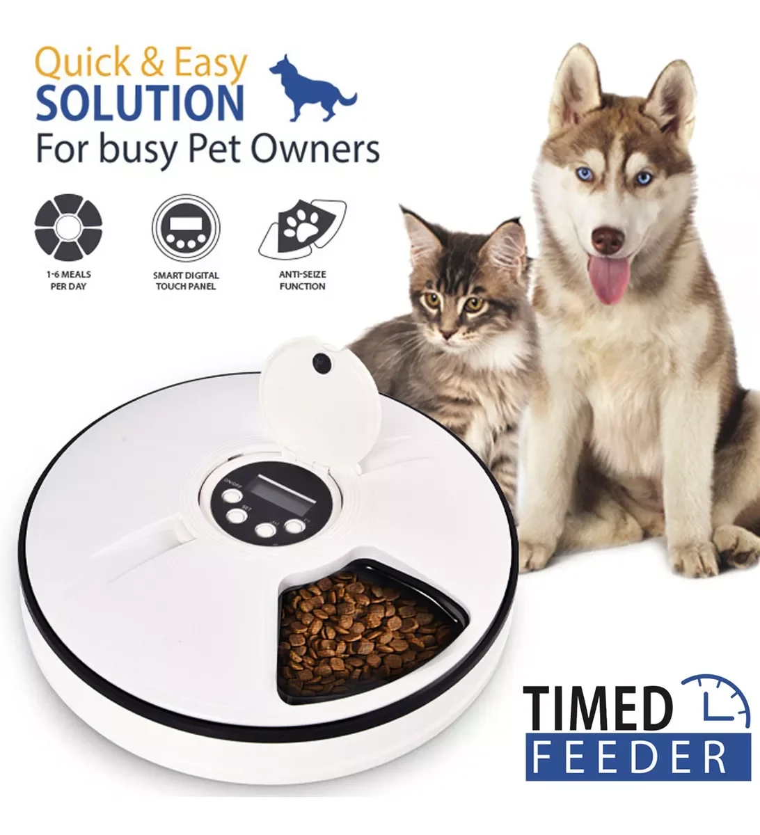 New 6-Meal Automatic Wet and Dry Food Pro Pet Feeder Auto for Cat and Small & Medium Dog Batteries Power Supply Easy to Use
New 6-Meal Automatic Wet and Dry Food Pro Pet Feeder Auto for Cat and Small & Medium Dog Batteries Power Supply Easy to Use