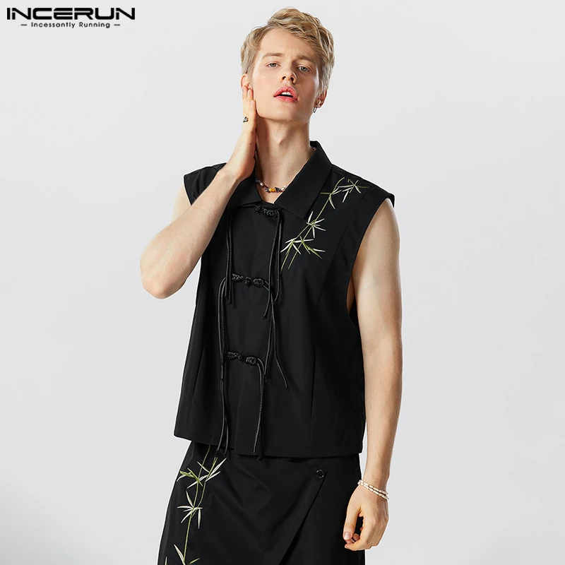 

Chinoiserie Tops 2023 Handsome Men Stylish Bamboo Print Shirts Casual Well Fitting Male Long Knot Button Sleeveless Blouse S-5XL