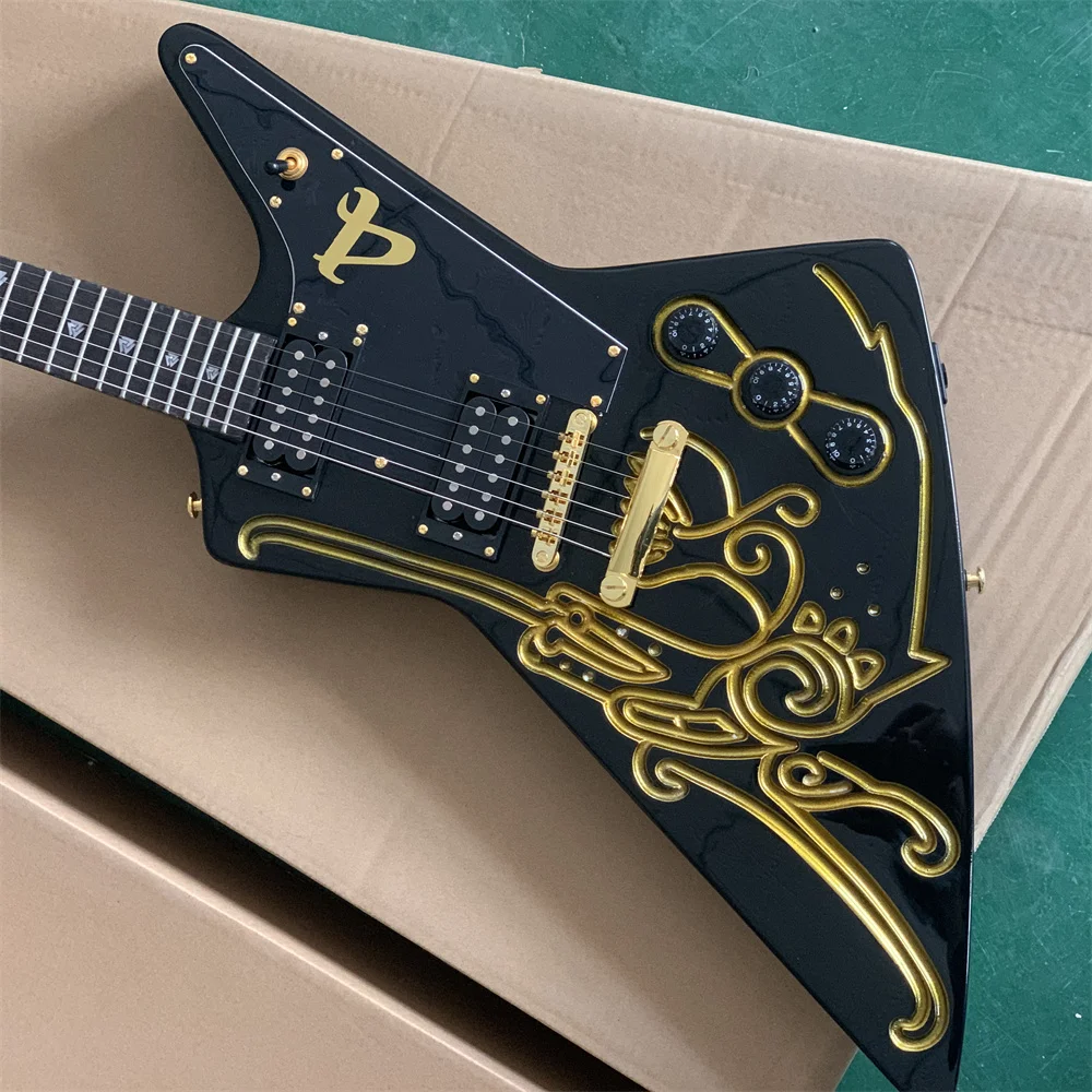 In Stock Explorer Shaped Goose shape electric guitar classic black body gold powder engraved pattern guitarra guitars
In Stock Explorer Shaped Goose shape electric guitar classic black body gold powder engraved pattern guitarra guitars
