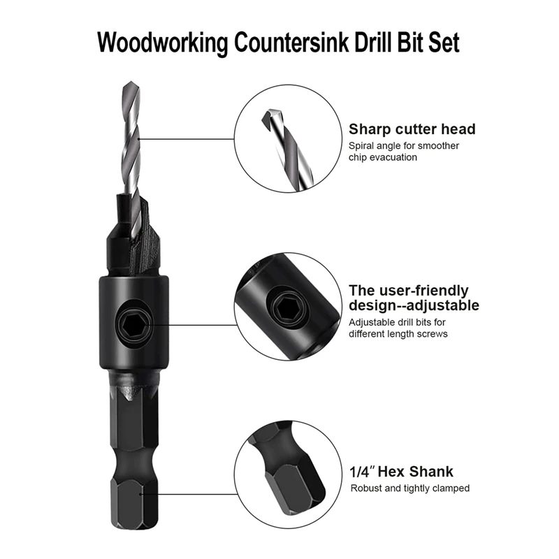 Countersink Drill Bit Set, Woodworking Chamfer Adjustable Countersink Tools On Counter Sink Holes With 1/4Inch Hex Shank
Countersink Drill Bit Set, Woodworking Chamfer Adjustable Countersink Tools On Counter Sink Holes With 1/4Inch Hex Shank