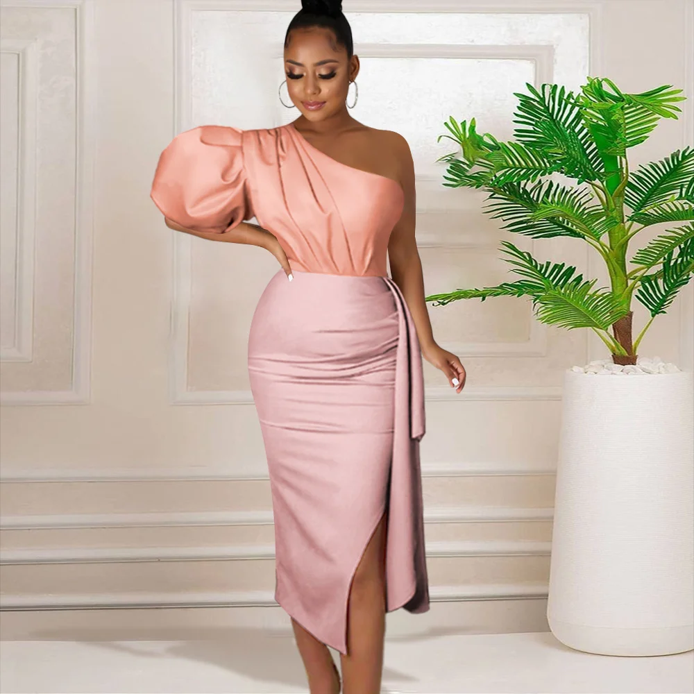 Luxury Women's Fashion One Shoulder Lantern Sleeve Pleated Split Irregular Evening Dress Women Sexy Slim Fit Midi Dresses 2022 
Luxury Women's Fashion One Shoulder Lantern Sleeve Pleated Split Irregular Evening Dress Women Sexy Slim Fit Midi Dresses 2022