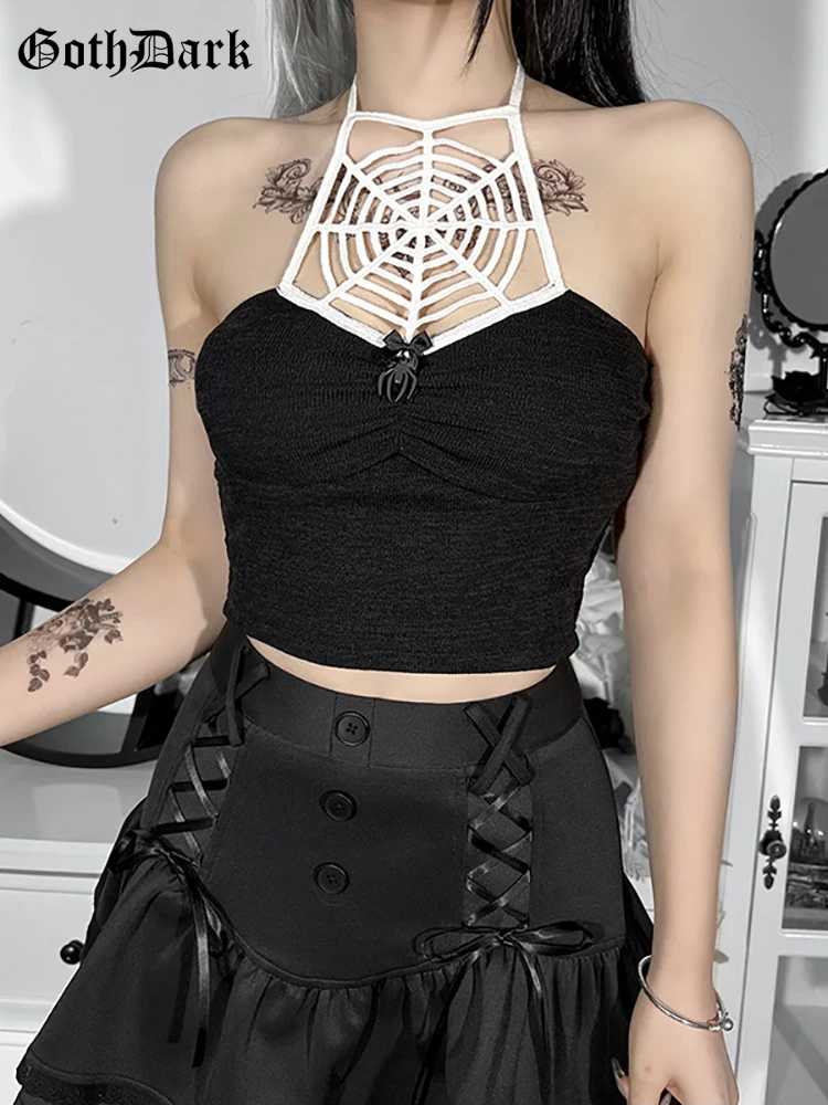 

Goth Dark Knitted Mall Gothic Cobweb Hollow Out Camis Women Grunge Punk Black Backless Halter Tops Sexy egirl Alt Clothes Summer
