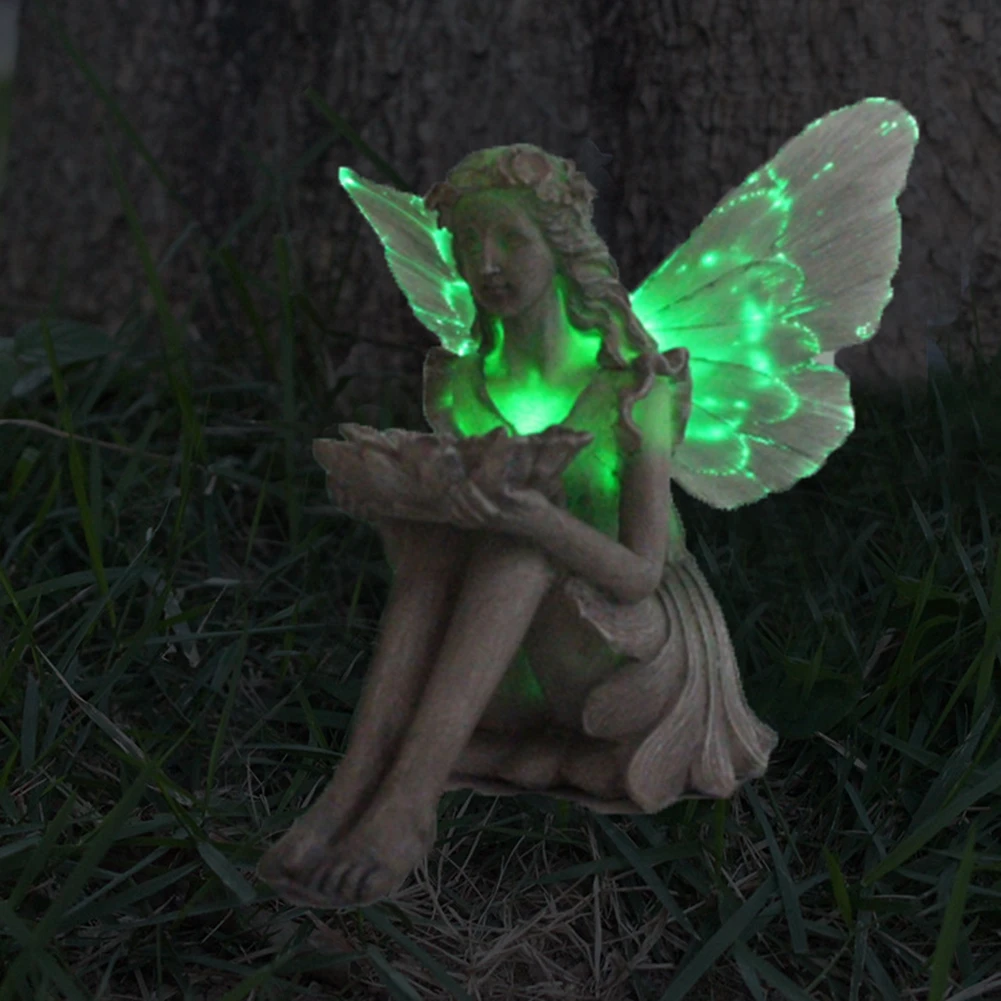

Flower Fairy Statue Garden Decoration Luminous Wing Angel Girl Bird Feeder Ornament Resin Sitting Sculpture Outdoor Figurines