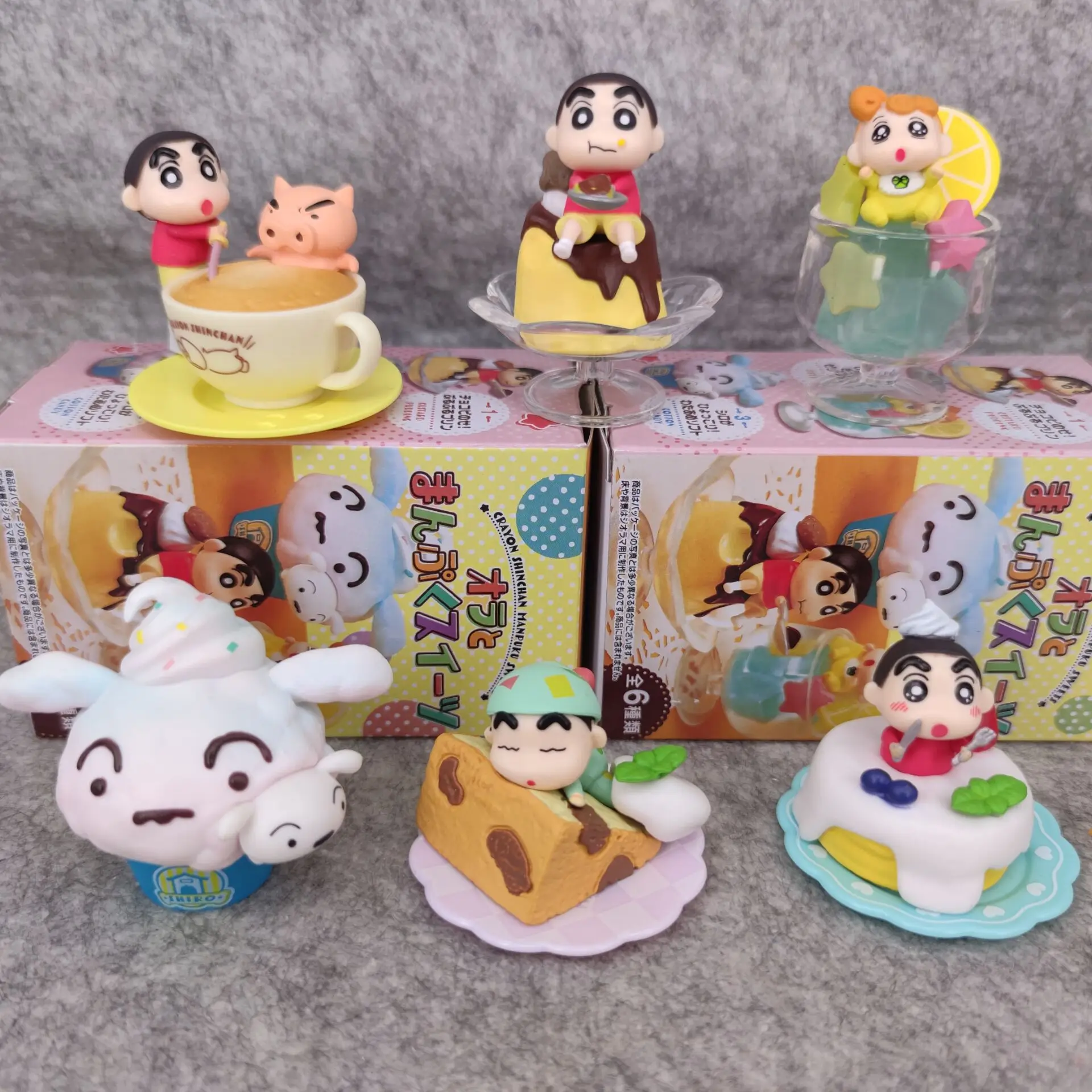 

6Pcs/Set Crayon Shin Chan Anime Figures Cartoon Movie Peripheral Toy Kawaii Doll Puppy Cake Dessert Series Collection Toys