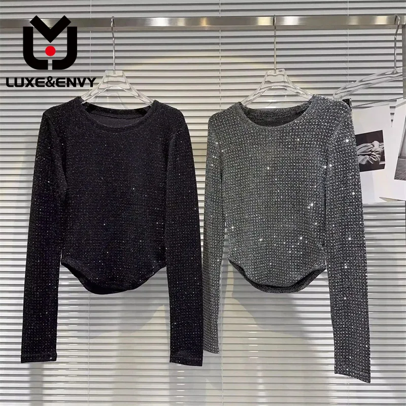 

LUXE&ENVY Spicy Girl Full Of Water Diamond Shiny Silk Design Curved Edge T-shirt Small Shirt 2023 Autumn