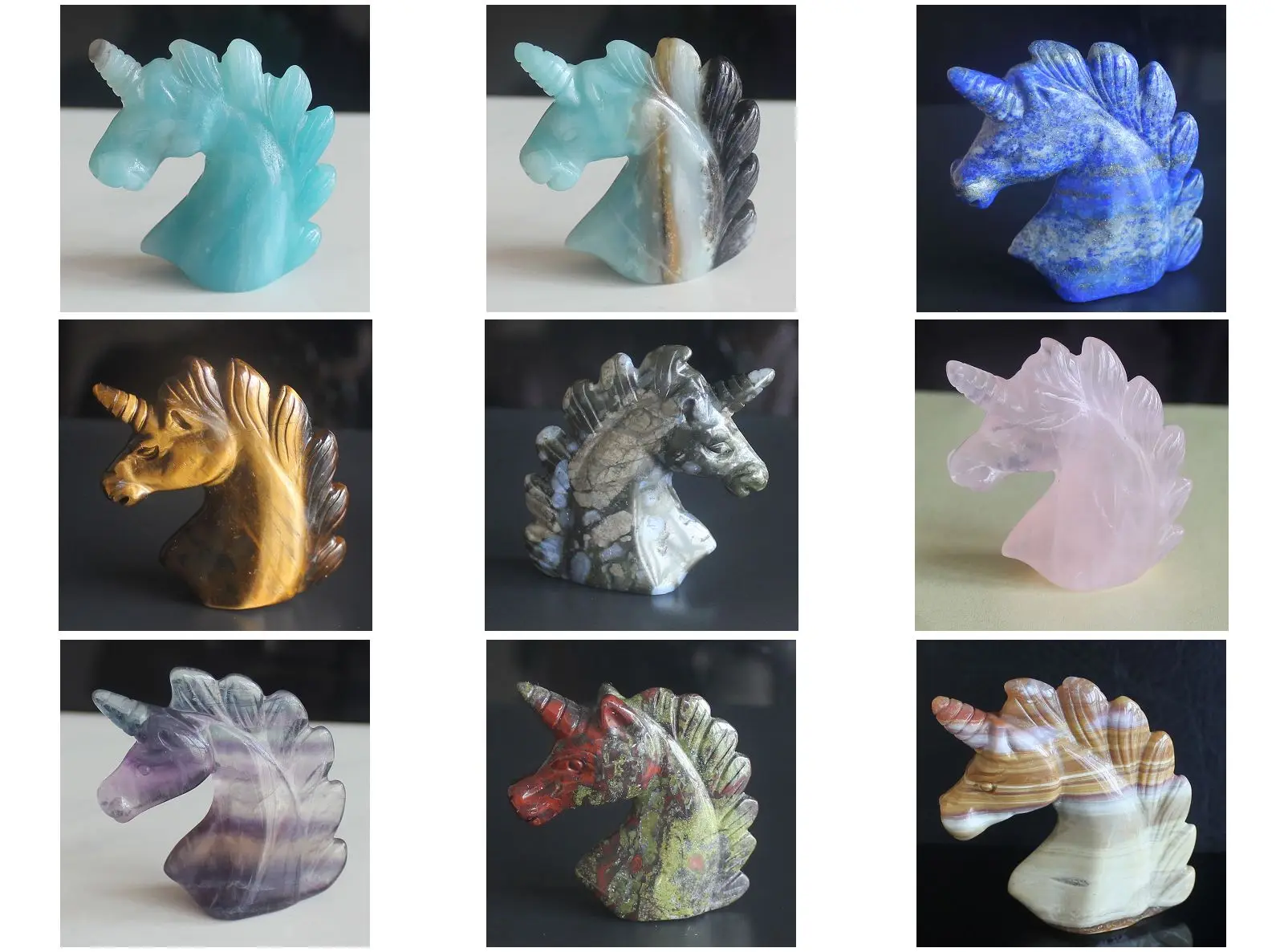 Hand Carved Mixed Gemstone crystal Amazonite Fluorite Crystal Dragon Blood Jasper Unicorn animal Figurine Carving
Hand Carved Mixed Gemstone crystal Amazonite Fluorite Crystal Dragon Blood Jasper Unicorn animal Figurine Carving