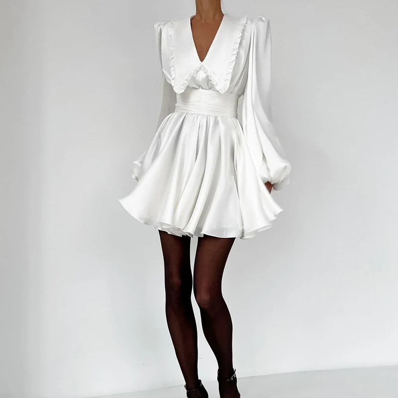 Casual Satin Ruffled Solid Short Dresses Elegant V-neck Waist Pleated Dress New 2023 Fashion Puff Sleeve Party Dress for Women
Casual Satin Ruffled Solid Short Dresses Elegant V-neck Waist Pleated Dress New 2023 Fashion Puff Sleeve Party Dress for Women