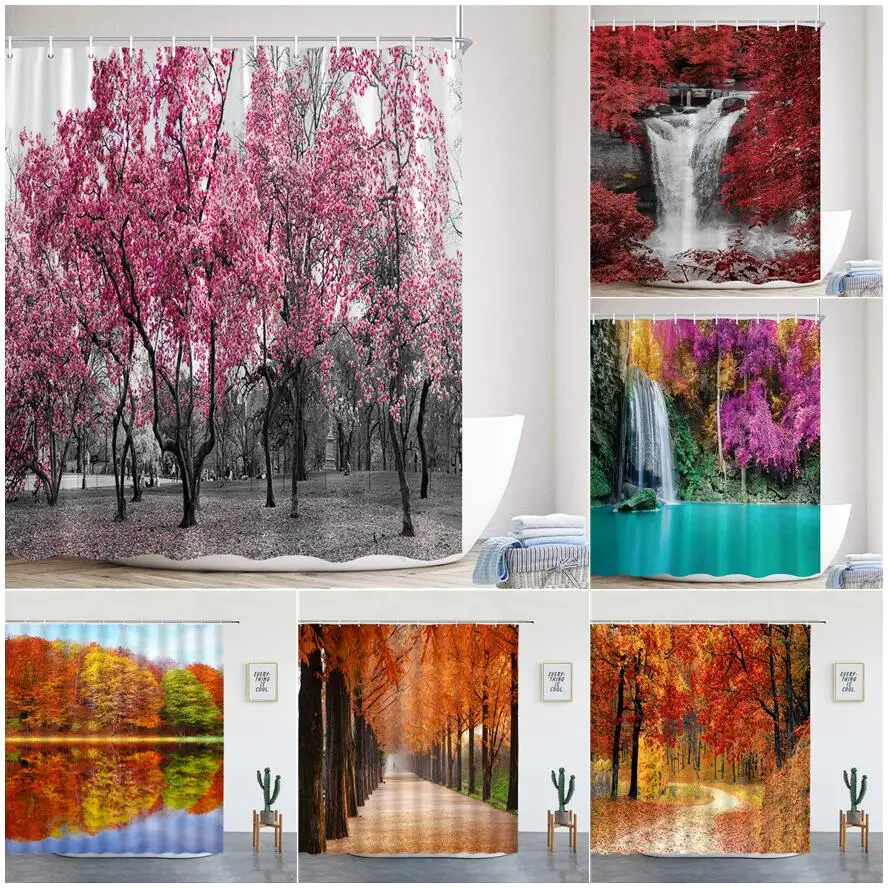 

Forest Landscape Shower Curtain Waterfall Red Maple Trees Autumn Rural Natural Scenery Wall Hanging Bathroom Decor Curtains Sets