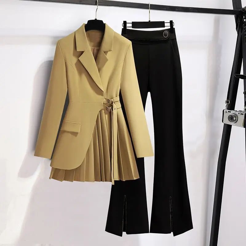 

Корейский популярный осенний Новый стиль драпированный ремень декоративный повседневный костюм куртка брюки с широкими штанинами Элегантный женский комплект из двух предметов