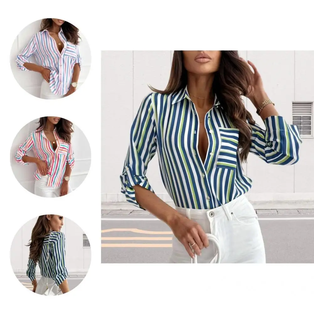 Patch Pocket Shirt Tops Women Shirt Tops Chic Striped Print Lapel Shirt for Women Slim Fit Long Sleeve Workwear with Patch 
Patch Pocket Shirt Tops Women Shirt Tops Chic Striped Print Lapel Shirt for Women Slim Fit Long Sleeve Workwear with Patch