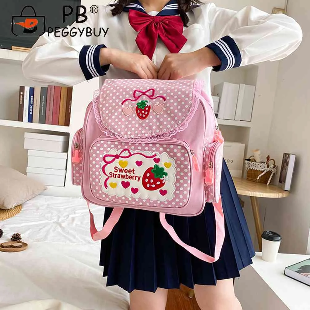 

Kawaii Student Bookbag Cute Strawberry Embroidery Travel Daypack Dots Multi-Pocket Nylon Fashion College for Teenager Girl