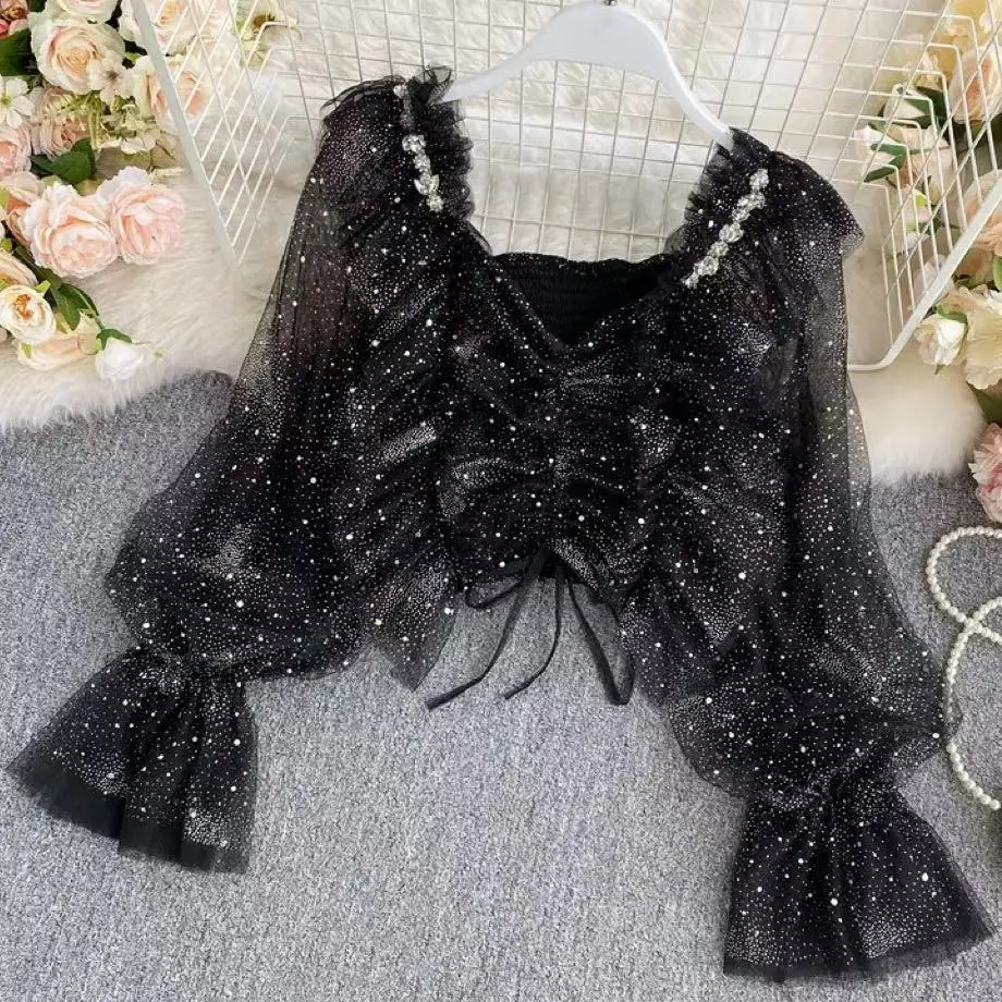 2023 Square Collar Mesh Chiffon Blouse Women Sequin Bling Sexy Crops Tops Long Sleeve Pleated Drawstring Ruffles Short Blouses
2023 Square Collar Mesh Chiffon Blouse Women Sequin Bling Sexy Crops Tops Long Sleeve Pleated Drawstring Ruffles Short Blouses