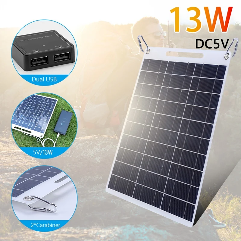 

Уличная Гибкая солнечная панель 13 Вт, 5 в из монокристаллического силикона с двумя USB-портами для зарядки устройств 5 В